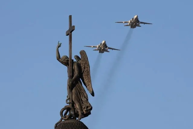 Sukhoi Su-24 M bombers fly over St Petersburg' s Palace Square during a rehearsal of a Victory Day military parade marking the 72 nd anniversary of the victory over Nazi Germany in the 1941-1945 Great Patriotic War, the Eastern Front of World War II. (Photo by Peter Kovalev/TASS)