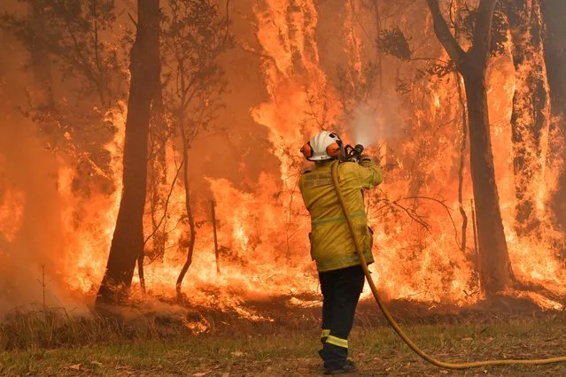 A firefighter conducts back-burning measures to secure residential areas from encroaching bushfires in the Central Coast, some 90-110 kilometres north of Sydney on December 10, 2019. Toxic haze blanketed Sydney on December 10 triggering a chorus of smoke alarms to ring across the city, as Australians braced for "severe" weather conditions expected to fuel deadly bush blazes. (Photo by Saeed Khan/AFP Photo)