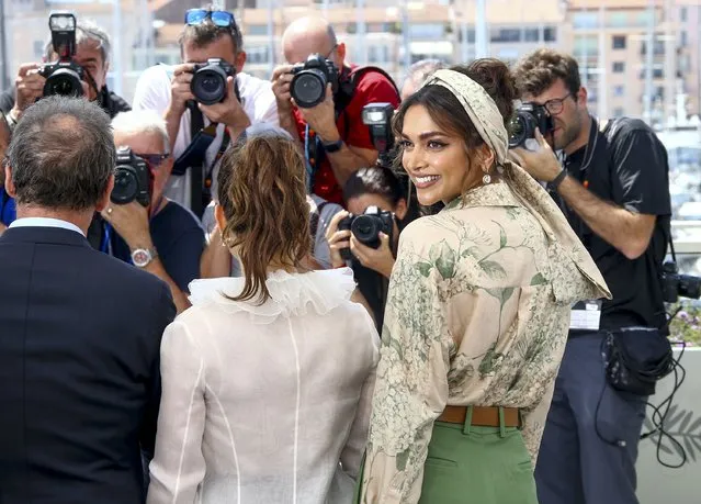 Jury member, Indian actress Deepika Padukone, right, poses with jury president Vincent Lindon, left and Noomi Rapace at the photo call for the jury at the 75th international film festival, Cannes, southern France, Tuesday, May 17, 2022. (Photo by Joel C. Ryan/Invision/AP Photo)