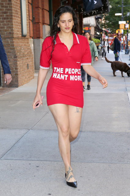 Spanish singer-songwriter Rosalia makes a political statement wearing a red tennis dress with the message “The People Want More” in New York City in the first decade of September 2024. (Photo by Christopher Peterson/Splash News and Pictures)