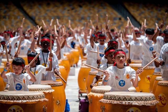 Nearly four thousand participants are taking part in the Oriental Drums – The Largest Drumming Lesson event at Bukit Jalil National Stadium, Selangor, Malaysia on September 28, 2024. This event is an attempt to break the previous Guinness World Record held by Austria which has gathered more than two thousand participants and this event is also the first of its kind which has gathered drummers from various ethnicities, races and religions including several countries including Singapore, China, Taiwan, Japan, Korea and Indonesia. (Photo by Syaiful Redzuan/Anadolu via Getty Images)