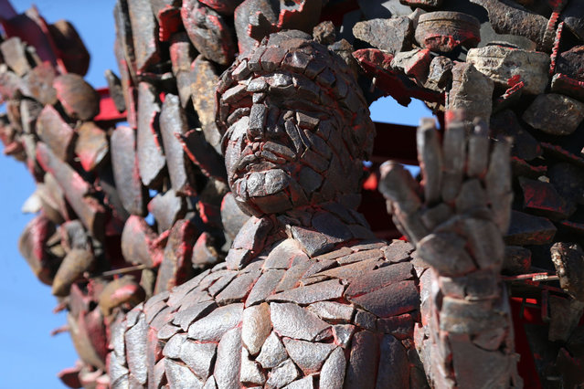 A view of the 'Bloody Bomb Monument' erected in the square of the village of Seddulbahir and made with non-inventory war materials that emerged during the excavation and restoration works of the Seddulbahir Castle on the Historical Gallipoli Peninsula, where the world's fiercest battles took place in Canakkale, Turkiye on October 22, 2024. (Photo by Burak Akay/Anadolu via Getty Images)