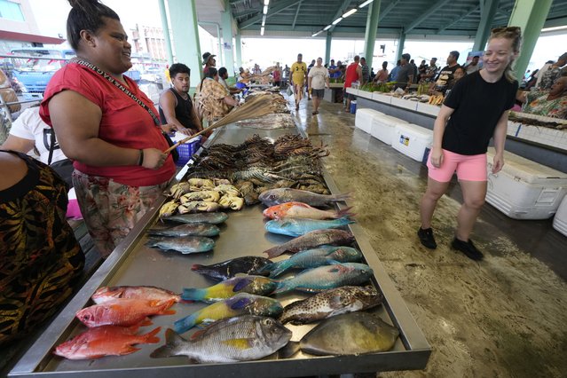 Colorful fish are displayed for sale at the fish market in Apia, Samoa, on Sunday, October 20, 2024. (Photo by Rick Rycroft/AP Photo)
