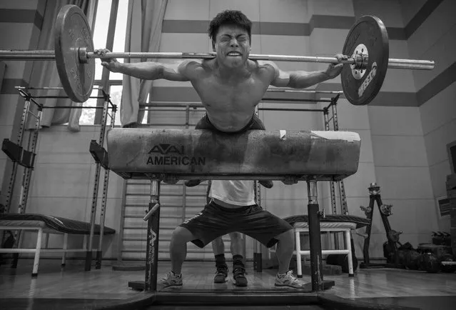Chinese weightlifter Chen Lijun, who competes in the 62 kg weightclass, exercises with weights during a training session in preparation for the Rio Olympics at the Training Center of General Administration of Sports in China on July 19, 2016 in Beijing, China. Lijun won the World Championships in 2013 and 2015 and is a world record holder. China is a traditional powerhouse in weightlifting competitions at the Olympic level, and Chinese athletes have set several Olympic and world records. (Photo by Kevin Frayer/Getty Images)