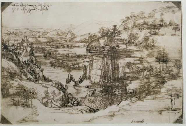 An image showing the Leonardo da Vinci’s earliest known drawing that will go on display in the artist’s Tuscan hometown of Vinci to mark the 500th anniversary of the artist’s death. The Uffizi Gallery in Florence on Thursday, August 4, 201 said it will loan the rarely displayed drawing, titled “Landscape Drawing for Santa Maria Della Nave”,’ to the Leonardiano Museum for five weeks beginning Aug. 5 2019. The detailed landscape of the Arno river valley and the Montelupo Castle is the first work by Leonardo to be dated, August 5, 1473. (Photo by Uffizi Gallery via AP Photo)