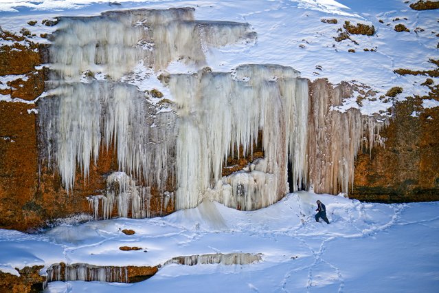 A view of frozen waterfall as temperature drops to minus 15 degrees at night during winter time in Van, Turkiye on January 30, 2025. (Photo by Ozkan Bilgin/Anadolu via Getty Images)