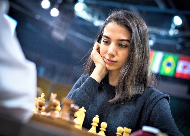 Iranian chess player Sara Khadem competes, without wearing a hijab, in FIDE World Rapid and Blitz Chess Championships in Almaty, Kazakhstan December 26, 2022, in this picture obtained by Reuters on December 27, 2022. (Photo by Lennart Ootes/FIDE/via Reuters)