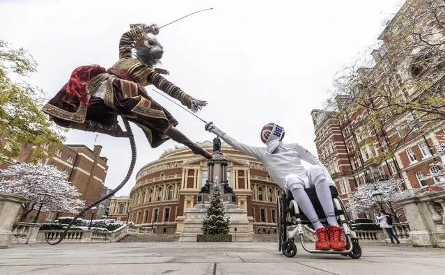 Miles Gilliver, who plays the Rat King in the Birmingham Royal Ballet production of The Nutcracker, practises with his brother Piers Gilliver, the Paralympian fencer who won gold in the Tokyo Paralympics last year, outside the Royal Albert Hall in the first decade of December 2022, where The Nutcracker will run from December 28 to 31. (Photo by Richard Pohle/The Time)
