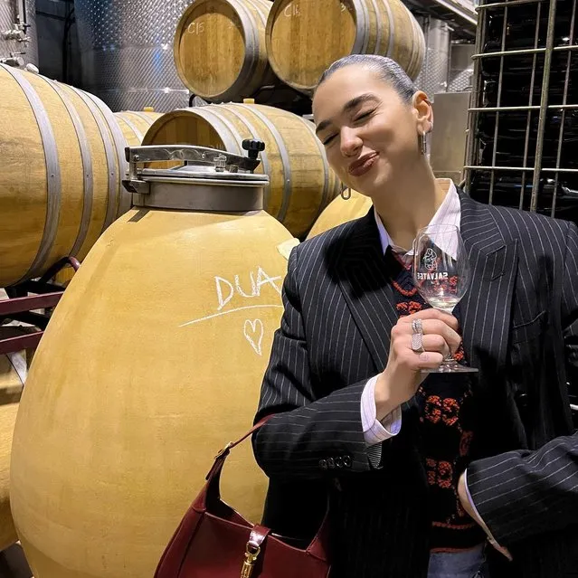 British-Albanian singer Dua Lipa enjoys a glass of wine at a vineyard in Barcelona in the first decade of February 2023. (Photo by dualipa/Instagram)