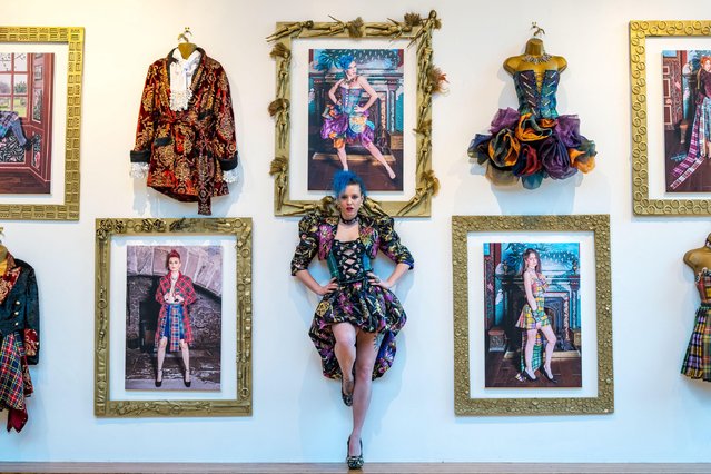 New exhibition of sustainable fashion explores the role of tartan in Scottish traditional dance, opening on April 23, 2024 as part of the Pomegranates festival in Edinburgh, Scotland. Vengefully Changed Allegiance is asolo exhibition by fashion designer Alison Harm, founder of Edinburgh Psychomoda clothing brand, who uses industry scraps, vintage clot and broken jewellery. (Photo by Sally Anderson/Alamy Live News)