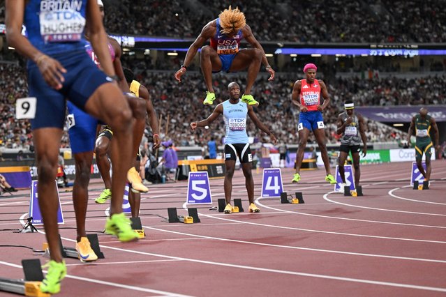 US' athlete Noah Lyles (C) prepares for the men's 200m final during the World Athletics Championships in Tokyo on September 19, 2025. (Photo by Kirill Kudryavtsev/AFP Photo)