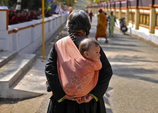 A Tibetan woman carries a child on her back, as she walks to attend the Jangchup Lamrim teachings conducted by the exiled Tibetan spiritual leader the Dalai Lama at the Gaden Jangtse Thoesam Norling Monastery at Mundgod in the southern Indian state of Karnataka December 27, 2014. (Photo by Abhishek N. Chinnappa/Reuters)