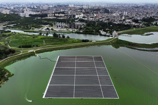 A floating solar farm operates at the Billings Reservoir in Sao Paulo, Thursday, November 6, 2025. (Photo by Andre Penner/AP Photo(