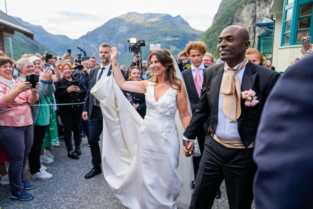 Norway's Princess Martha Louise and Durek Verrett arrive for their wedding party, in Geiranger, Norway, Saturday August 31, 2024. (Photo by Heiko Junge/NTB via AP Photo)