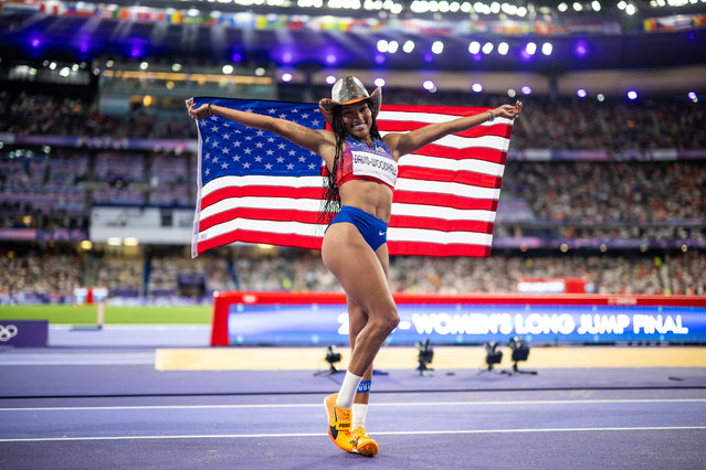 Tara Davis-Woodhall of Team United States celebrate after winning the Women´s Long Jump Final on day thirteen of the Olympic Games Paris 2024 at Stade de France on August 8, 2024 in Paris, France. (Photo by Kevin Voigt/GettyImages)
