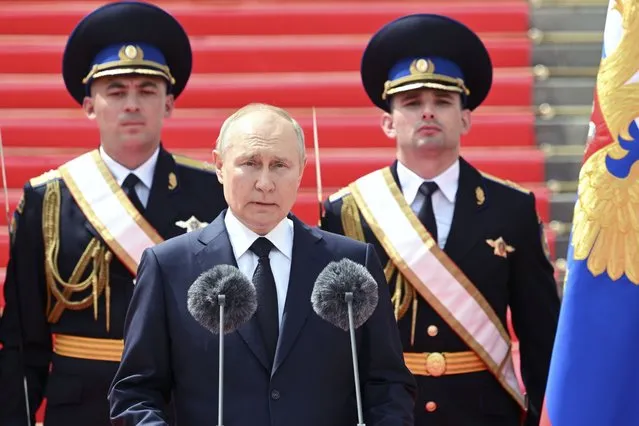 Russian President Vladimir Putin delivers a speech to the units of the Russian Defense Ministry, the Russian National Guard (Rosgvardiya), the Russian Interior Ministry, the Russian Federal Security Service and the Russian Federal Guard Service, who ensured order and legality during the mutiny, at the Kremlin in Moscow, Russia, Tuesday, June 27, 2023. (Photo by Sergei Guneyev, Sputnik, Kremlin Pool Photo via AP Photo)
