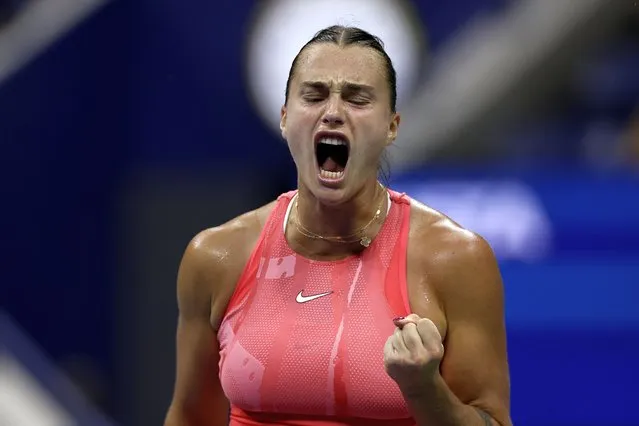 Aryna Sabalenka, of Belarus, shouts during her match against Daria Kasatkina, of Russia, in the fourth round of the U.S. Open tennis championships, Monday, September 4, 2023, in New York. (Photo by Adam Hunger/AP Photo)