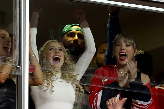American sports team owner and retired women's soccer forward Brittany Mahomes and Taylor Swift celebrate a touchdown by the Kansas City Chiefs against the Denver Broncos during the second quarter at GEHA Field at Arrowhead Stadium on October 12, 2023 in Kansas City, Missouri. (Photo by Jamie Squire/Getty Images)