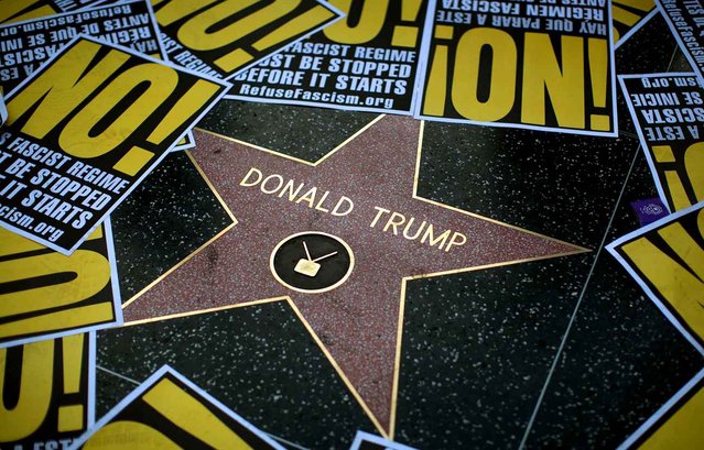 The Hollywood Walk of Fame star for Donald Trump is framed in protest posters during a demonstration in reaction to a Twitter post by US President- elect Trump referring to expansion of the United States nuclear arsenal on December 25 in Los Angeles, California. (Photo by David McNew/AFP Photo)