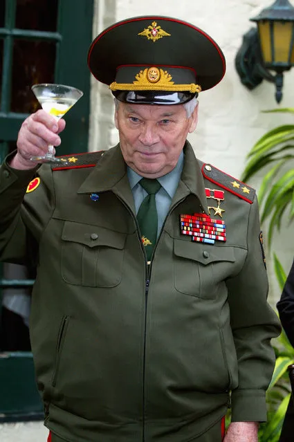 Inventor of the AK-47 assault rifle, General Mikhail Kalashnikov, launches the new brand of Kalashnikov Vodka, on September 20, 2004 in London, England. (Photo by Getty Images)