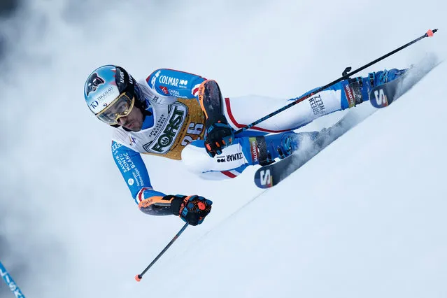 France's Victor Muffat Jeandet speeds down the course during an alpine ski, men's World Cup giant slalom race, in Alta Badia, Italy, Sunday, December 17, 2023. (Photo by Gabriele Facciotti/AP Photo)