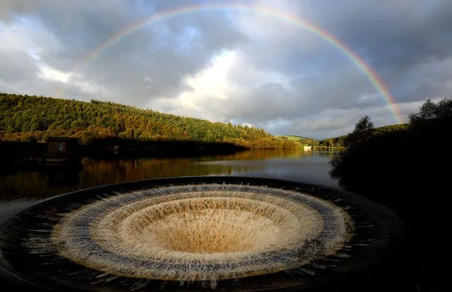 A Ladybower reservoir plug hole is seen after heavy rain from Storm Babet, Castleton, Britain on October 22, 2023. (Photo by Carl Recine/Reuters)