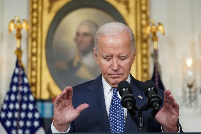U.S. President Joe Biden gestures as he delivers remarks at the White House in Washington on February 9, 2024. (Photo by Kevin Lamarque/Reuters)