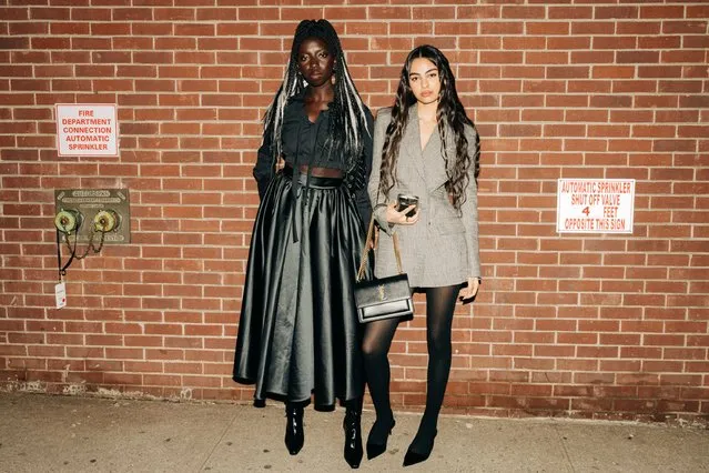 Sarah Lugor, 22, wears Patou and Nicole Sahebi, 21, wears Acne studios outside Fforme at Mediapro Studios in New York on February 10, 2024. (Photo by Jeenah Moon for The Washington Post)
