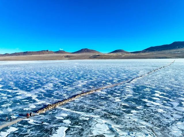 Aerial view of flock of sheep crossing an ice lake to an island in the middle of the lake for enough grass in winter on February 1, 2024 in Lhoka, Xizang of China. (Photo by Tang Fangxiao/VCG via Getty Images)