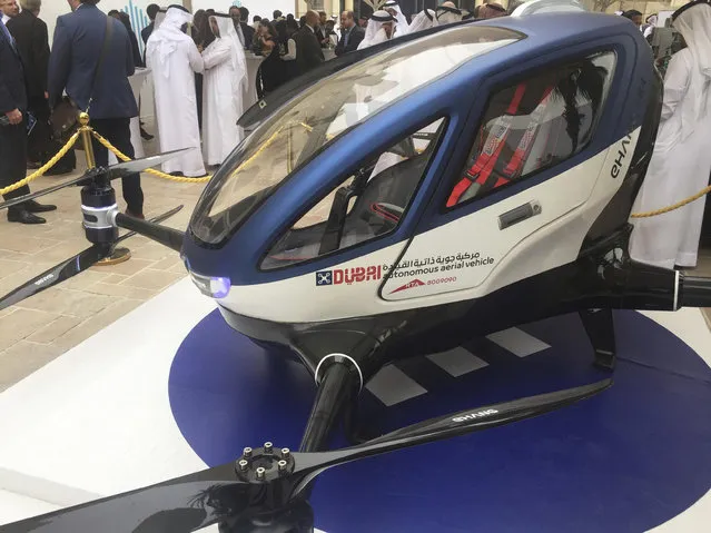 A model of EHang 184 and the next generation of Dubai Drone Taxi is seen during the second day of the World Government Summit in Dubai, United Arab Emirates, Monday, February 13, 2017. (Photo by Jon Gambrell/AP Photo)