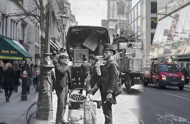 A street seller of sherbert and water on the streets of London in 1893 and the same street in 2014. (Photo by Museum of London/Streetmuseum app)