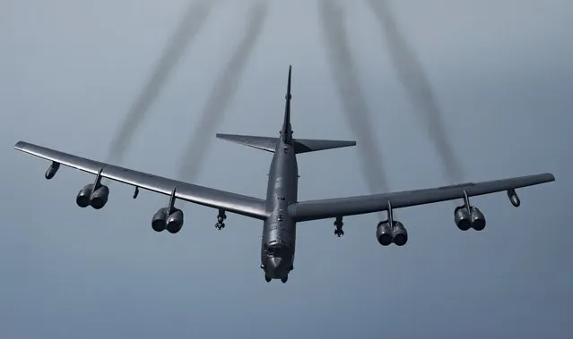 In this Tuesday, May 21, 2019 photo, provided by the U.S. Air Force, a U.S. B-52H Stratofortress, prepares to join up with Qatari Air Force Mirage 2000s and U.S. F-35A Lightning IIs to fly in formation over Southwest Asia to build military-to-military relationships, in an undisclosed location. The B-52H is part of the Bomber Task Force deployed to the U.S. Central Command area of responsibility to defend American forces and interests in the region. (Photo by Senior Airman Keifer Bowes/U.S. Air Force via AP Photo)