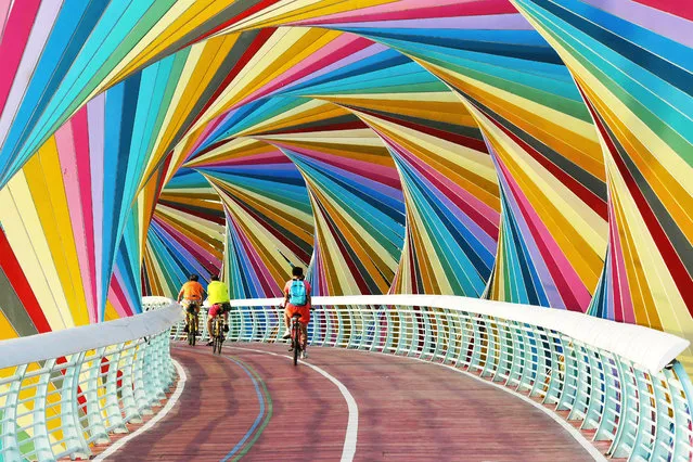 Cyclists cross a colourful footbridge in a park in Shandong province, Qingdao, China on September 9, 2019. (Photo by Yu Fangping/Feature China/Barcroft Media)