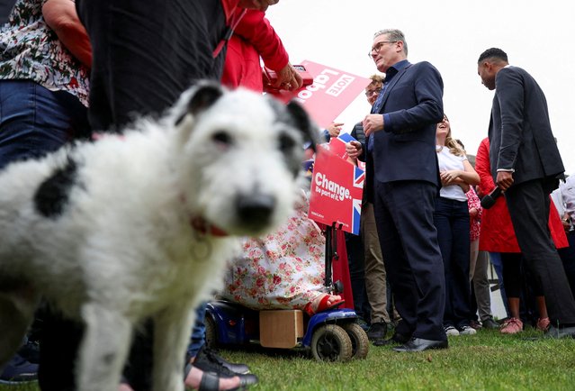 British opposition Labour Party leader Keir Starmer greets supporters during a Labour general election campaign event, in Milton Keynes, Britain on July 1, 2024. (Photo by Phil Noble/Reuters)