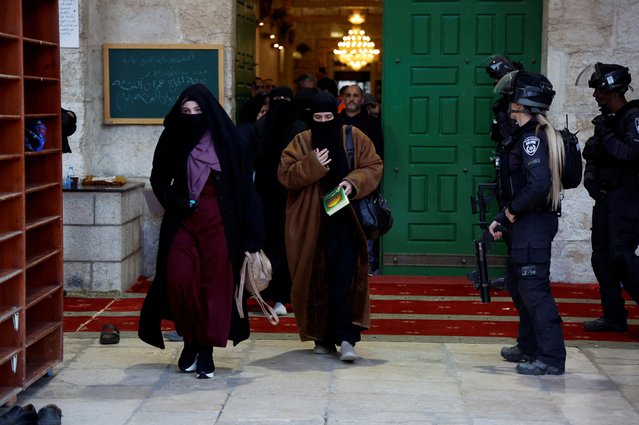 Israeli border police stand guard at the Al-Aqsa compound, also known to Jews as the Temple Mount, while tension arises during clashes with Palestinians in Jerusalem's Old City on April 5, 2023. (Photo by Ammar Awad/Reuters)