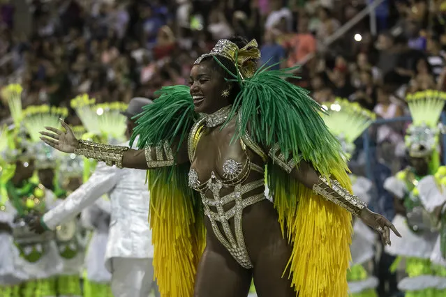 Drum queen Iza from the Imperatriz Leopoldinense samba school performs during Carnival celebrations at the Sambadrome in Rio de Janeiro, Brazil, Friday, April 22, 2022. (AP Photo/Bruna Prado)