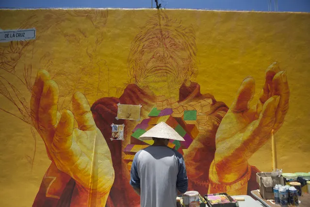 Irving Trejo, of the artist collective German Crew, paints a section of a mural in the Palmitas neighborhood of Pachuca, Thursday, July 30, 2015. (Photo by Sofia Jaramillo/AP Photo)
