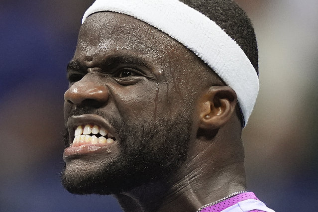 Frances Tiafoe, of the United States, reacts after scoring a point against Taylor Fritz, of the United States, during the men's singles semifinal of the U.S. Open tennis championships, Friday, September 6, 2024, in New York. (Photo by Frank Franklin II/AP Photo)