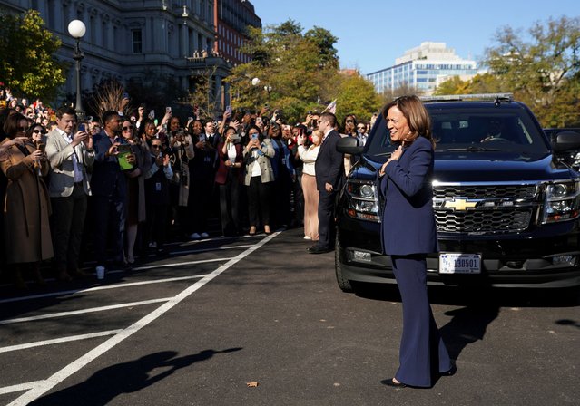 U.S. Vice President Kamala Harris reacts as administration staff applaud her outside the White House in Washington on November 12, 2024. (Photo by Kevin Lamarque/Reuters)