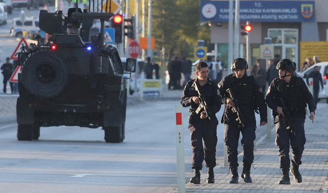 A general view of the entrance of the headquarters of Turkey's aviation company TUSAS, where three people were killed and five others wounded in an attack, near Kahramankazan, a town of Turkish capital Ankara, on October 23, 2024. (Photo by Reuters/Stringer)