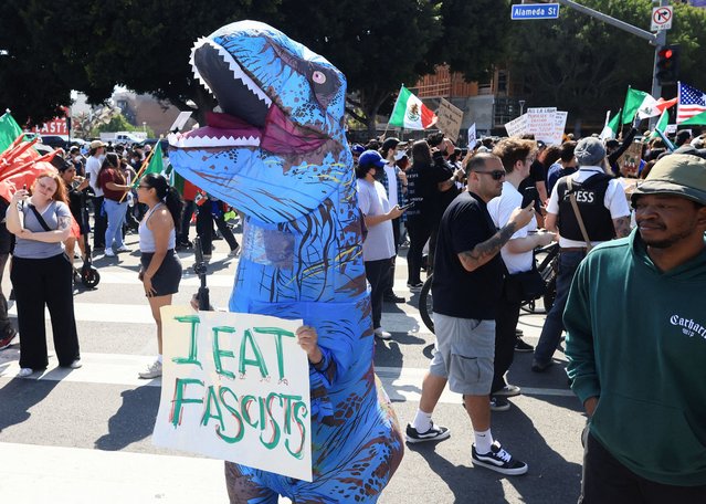 A man looks at a person in a dinosaur costume holding a sign at the Edward R. Roybal Federal Building during a protest against federal immigration sweeps in downtown Los Angeles, California, on June 10, 2025. (Photo by David Swanson/Reuters)
