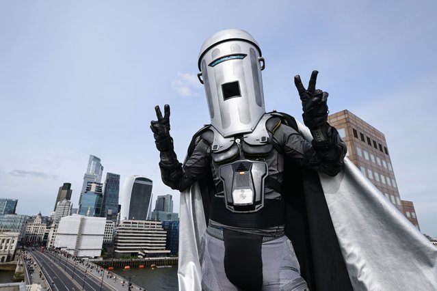 Count Binface takes his campaign to be the capital’s mayor to a rooftop near London Bridge on April 18, 2024. His manifesto includes a motion for the bridge to be renamed after the Fleabag actress Phoebe Waller-Bridge. (Photo by James Veysey/Rex Features/Shutterstock)