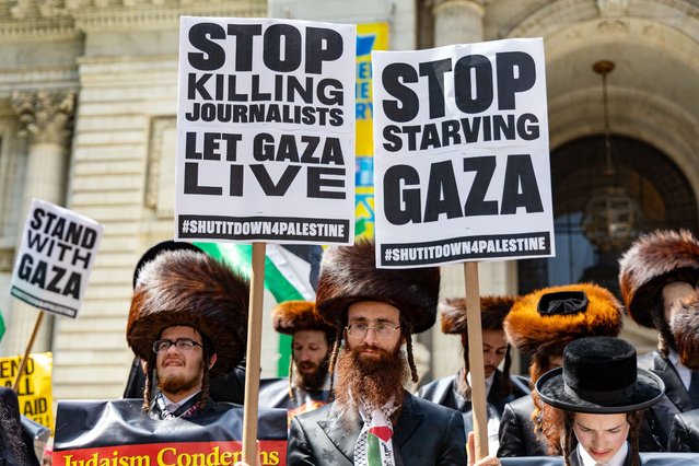 Tens of thousands march in Manhattan, New York on August 16, 2025 to demand an end to the starvation and genocide in Gaza. (Photo by Marcus Middleton/ZUMA Press Wire/Rex Features/Shutterstock)