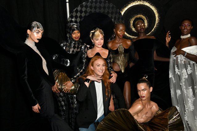 Models Sara El Adl, Maryan Osman, Florence Pugh, Harris Reed, Jimai Hoth, Ajok Madel, Joakim Gjemmestad and Jodie Turner-Smith attend the Harris Reed show at the Tate Modern on February 16, 2023 in London, England. (Photo by Dave Benett/Getty Images for Harris Reed)