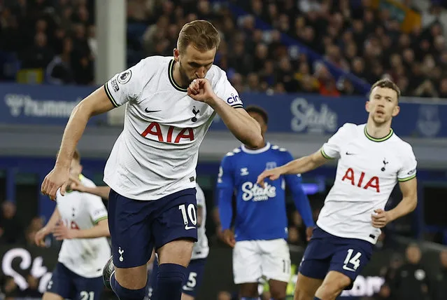 Harry Kane of Tottenham Hotspur celebrates after scoring the team's first goal from a penalty during the Premier League match between Everton FC and Tottenham Hotspur at Goodison Park on April 03, 2023 in Liverpool, England. (Photo by Jason Cairnduff/Action Images via Reuters)
