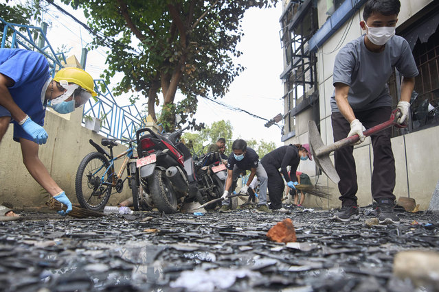 Volunteers from Maitry Nepal clean police station which was vandalized  during anti-corruption protests sparked by a short-lived social media ban in Kathmandu, Nepal, Saturday, September 13, 2025. (Photo by Niranjan Shrestha/AP Photo)