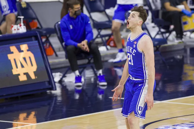Duke's Matthew Hurt (21) celebrates after a big play during the second half of an NCAA college basketball game against Notre Dame on Wednesday, December 16, 2020, in South Bend, Ind. Duke won 75-65. (Photo by Robert Franklin/AP Photo)
