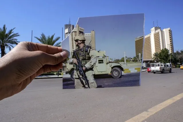 A photograph of a U.S. Army soldier standing guard in Firdous square in front of the Sheraton, left, and Palestine hotels after they came under rocket attack Friday, July 2, 2004 is inserted into the scene at the same location Friday, March 10, 2023, 20 years after the American led invasion on then country and subsequent war. (Photo by Hadi Mizban/AP Photo)