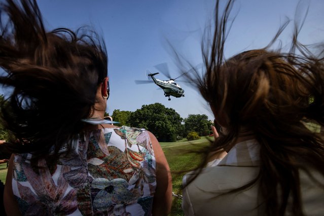 Marine One takes off from the South Lawn of the White House, taking US President Joe Biden to Las Vegas on Monday, July 15, 2024. (Photo by Samuel Corum/AFP Photo)