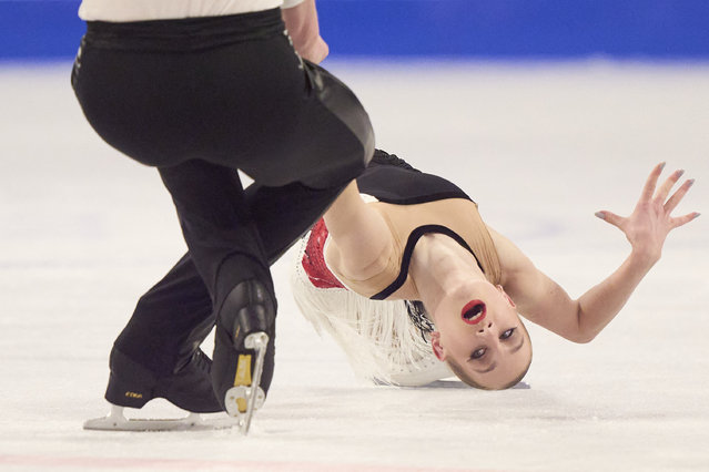 Ekaterina Geynish and Dmitrii Chigirev of Uzbekistan skate their free program in the pairs competition at the ISU Grand Prix of Figure Skating 2024 Skate Canada International at the Scotiabank Center in Halifax, Nova Scotia, on October 26, 2024. (Photo by Geoff Robins/AFP Photo)